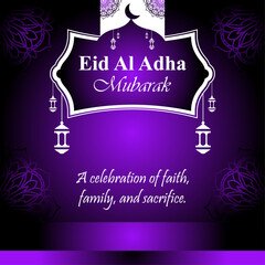 Elegant Eid al-Adha Mubarak Poster with Crescent Moon, Lanterns, and Islamic Calligraph