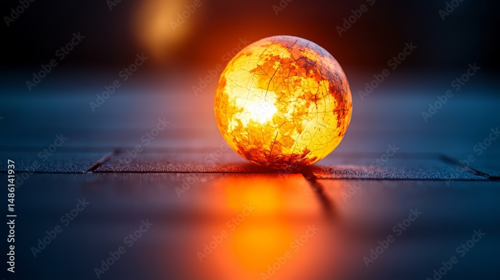 Poster Glowing orange ball on a dark surface. The ball is surrounded by a reflection of itself, creating a sense of depth and intrigue. The image evokes a feeling of mystery and wonder