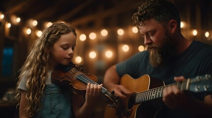 Fototapeta premium Parent and Child Making Music Together in Cozy Barn with Warm String Lights at Night