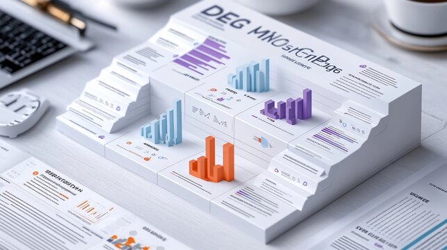 A white, 3D model of a data visualization tool with colorful charts and graphs