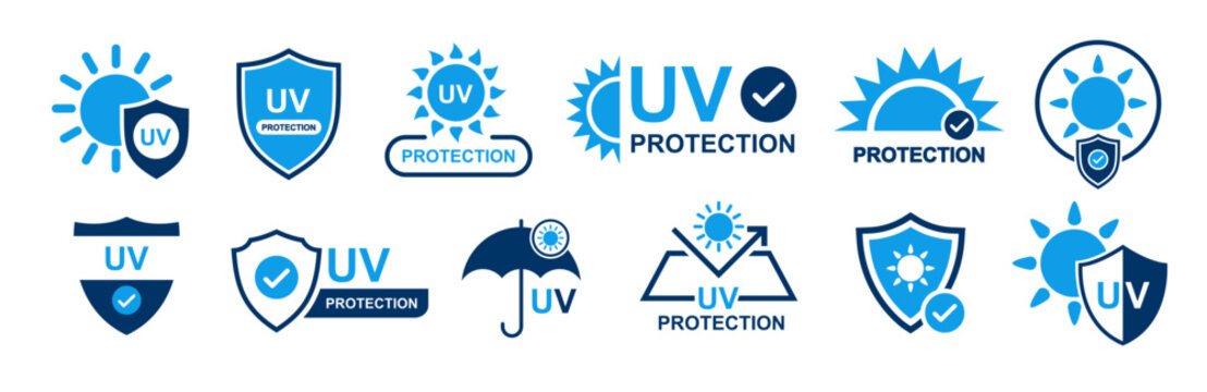 uv protection or solar protection icon set. eps icons for product, mockup, packaging etc. uv protection signs for cosmetics, products, medicine, food, drink etc. uv protective sign logos
