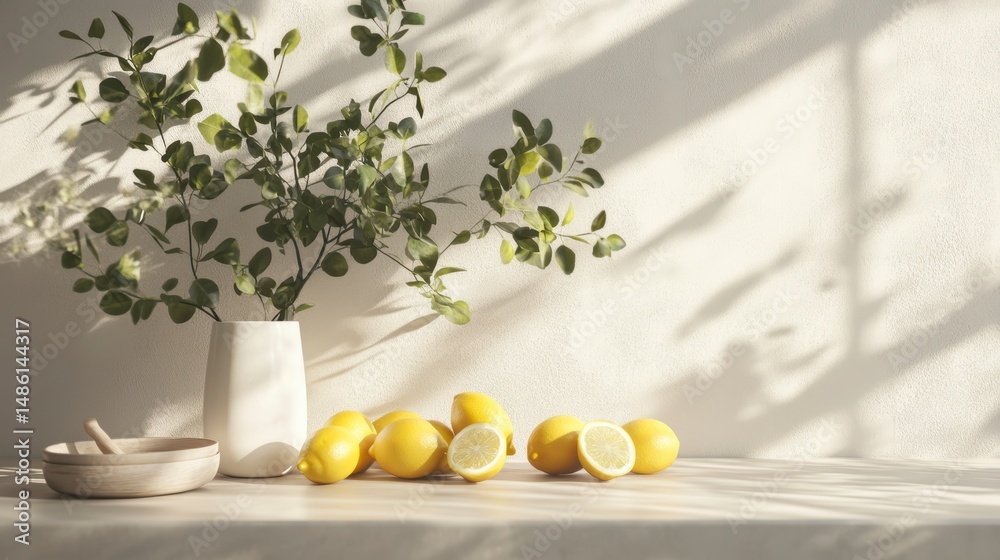 Poster sunlit lemons and greenery on a minimalist table.