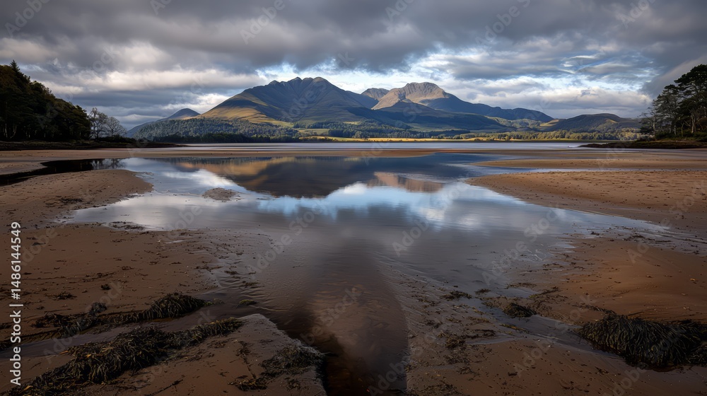 Aufkleber lake with mountains in the background. the water is calm and the sky is cloudy. the reflection of th