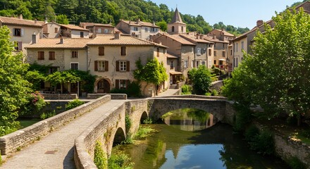 Fototapeta premium Walking on Stone Bridge in Small European Village on a Sunny Day