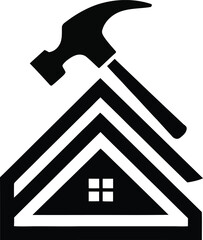 Simple Black and White House with Hammer Icon for Home Renovation. A bold, black and white graphic design.
