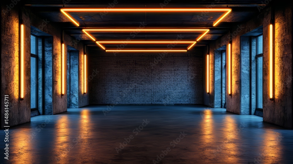 Poster large, empty room with neon lights on the ceiling. the room is dark and empty, with only the lights 