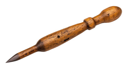 Vintage wooden awl with a dark brown, aged finish, isolated on a transparent background. The tool shows signs of wear and use, with a slightly tapered handle and a sharp metal point.