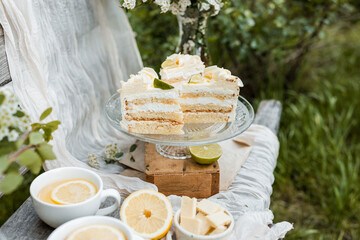 White sponge cake slices drizzled with white chocolate syrup and decorated with edible flowers,...