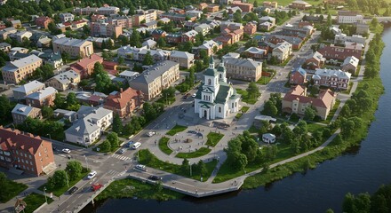 Aerial View of City with Church by River