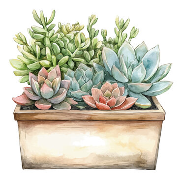 watercolor succulents in wooden planter clip art preview