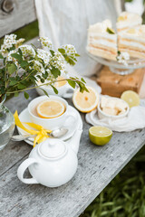 Herbal tea in a cup with lemon and flowers, set on a wooden table with lime slices and cake. Ideal for health promotions, home decor, or food photography with a natural vibe.