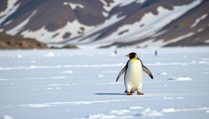 Obraz premium a single penguin standing in the middle of an icy lake with snow covered mountains in the background