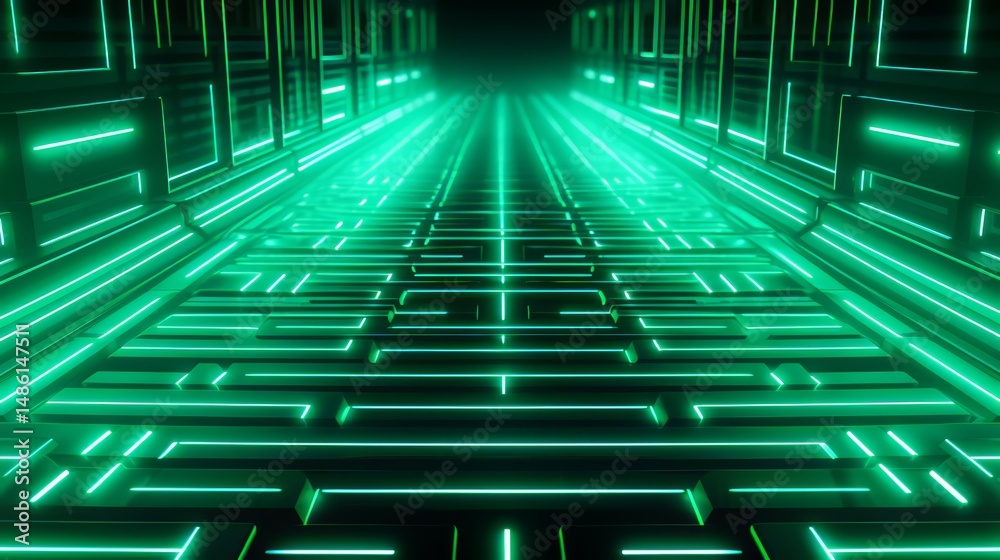 Poster futuristic, neon-lit hallway stretches out in front of the camera, with a series of glowing, rectang