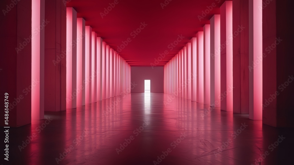 Aufkleber Long hallway with pink walls and pink pillars. The hallway is empty and the only light source is a window
