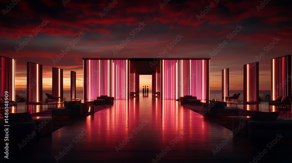 Aufkleber Long hallway with red curtains and lights. Scene is warm and inviting. The idea behind the image is to create a welcoming atmosphere for guests