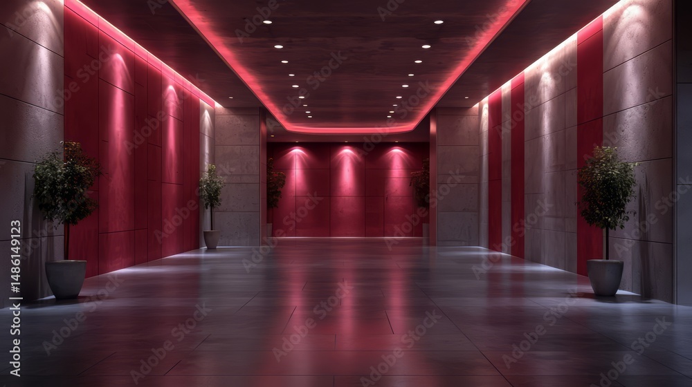 Poster long hallway with red walls and white potted plants. the hallway is lit with red lights, creating a 