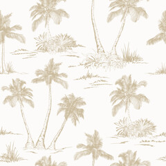 Seamless pattern with palm trees and leaves. Toile de Jouy style. Hand drawn vector illustration.