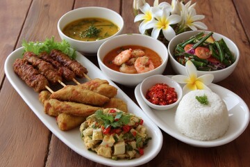 Delicious Assorted Dishes with Soup and Rice on Wooden Table