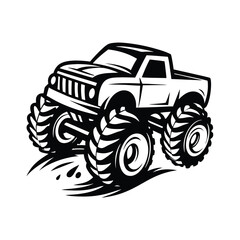 Stylized Monster Truck Silhouette, OffRoad Vehicle, Oversized Tires, Bold Outline, Black and White © Shipon