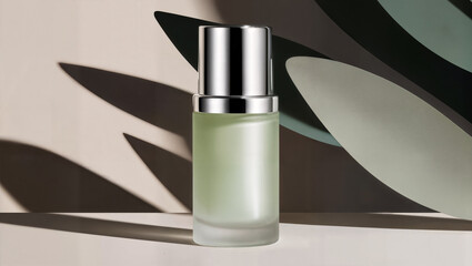 Elegant frosted glass skincare bottle with chrome cap placed against a neutral backdrop with artistic plant shadows. Ideal for branding, packaging mockups, and organic cosmetics visuals.