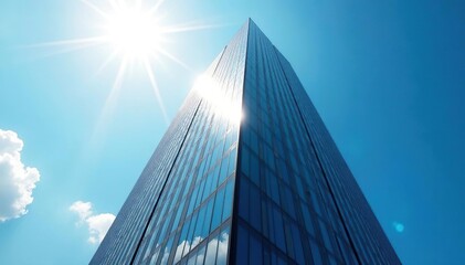 Gleaming skyscraper under bright sun, sharp shadows , downtown, skyscraper, sunny