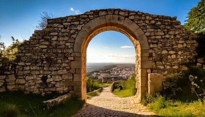 Antiguo arco de piedra que conduce a una ciudad en la cima de una colina
