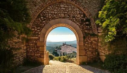 Obraz premium Antiguo arco de piedra que conduce a una ciudad en la cima de una colina