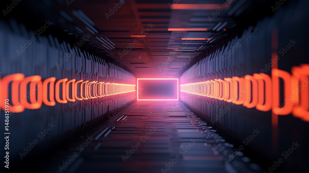 Leinwandbilder Long, dark tunnel with a glowing square in the middle. The tunnel is filled with red lights, creating a sense of depth and mystery