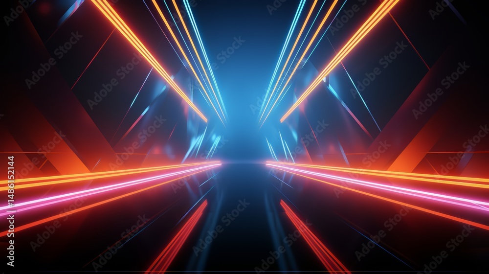 Fototapete long, dark tunnel with bright orange and blue lights. the tunnel is empty and the lights are on, cre