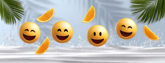 Smiley face emoticons celebrate joy and vitality in a vibrant cartoon world with refreshing water splashes and cheerful oranges in the background