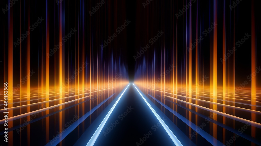Poster long, dark tunnel with orange and blue lights. the tunnel is lit up and he is a futuristic setting