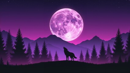 Fototapeta premium Silhouette of a wolf howling at a full moon in a purple landscape with silhouetted trees and mountains