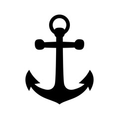 Black silhouette of a classic ship anchor icon isolated on white background.