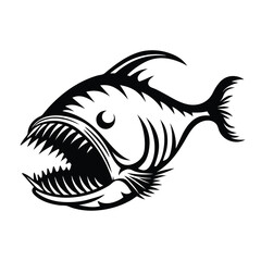 Piranha Fish Silhouette, Sharp Teeth, Fins, Black And White, Aggressive, Dangerous