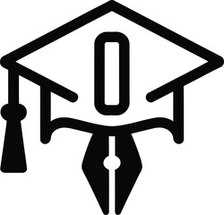 Graduation cap and pen icon representing education and knowledge. A simple, black and white icon depicting a graduation cap with a pen attached.