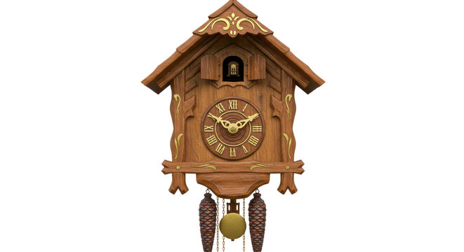 Isolated Detailed Wooden Cuckoo Clock with Pendulum