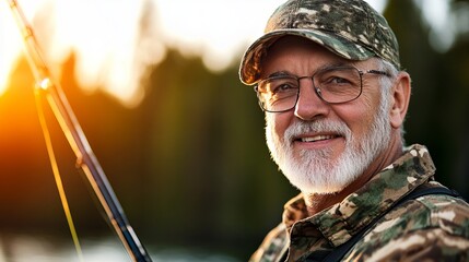 Smiling senior man holds fishing pole while wearing camouflage clothing near lake during bright sunny day.