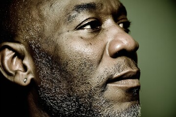 Fototapeta premium A close-up portrait of a thoughtful middle-aged man with a beard against a green background.