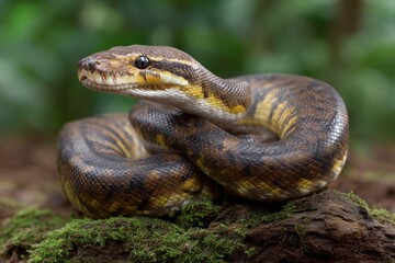 Fototapeta premium Snake Coiled on Mossy Log in Natural Setting