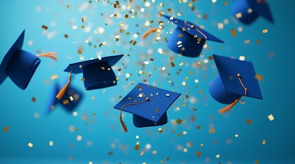 Blue graduation caps tossed in air with gold confetti. Diploma taking ceremony in university college or business school degree success and achievement. Festive student hat memory scholarship event