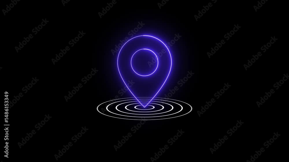 Poster location pin pointing with concentric circles showing precision. neon illuminated location pin point