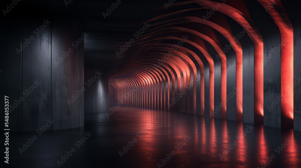 Poster Long, dark tunnel with red lights on the walls. The tunnel is empty and the lights are on, creating a mysterious and eerie atmosphere. The red lights seem to be pulsating