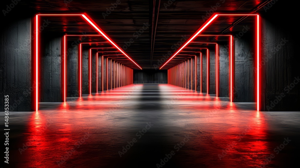 Aufkleber Long, dark tunnel with red lights shining on the ceiling. The tunnel is empty and the lights are on, creating a sense of emptiness and mystery. The red lights add a sense of danger