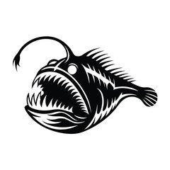 Black Silhouette of a Anglerfish with Sharp Teeth and Light Antenna on a White Background