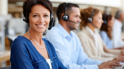 Smiling customer service representative wearing a headset engages with clients from a well-lit, modern office space filled with coworkers