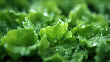closeup of fresh green lettuce leaves, macro shot of a salad leaves
