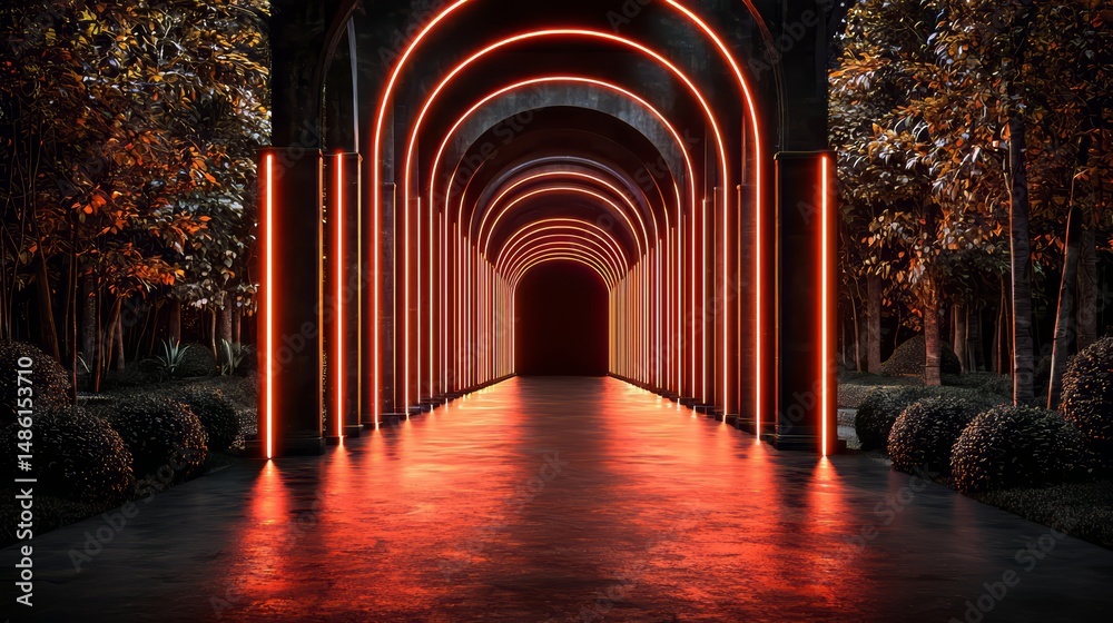Poster long, dark tunnel with red lights on the walls. the red lights create a sense of mystery and intrigu
