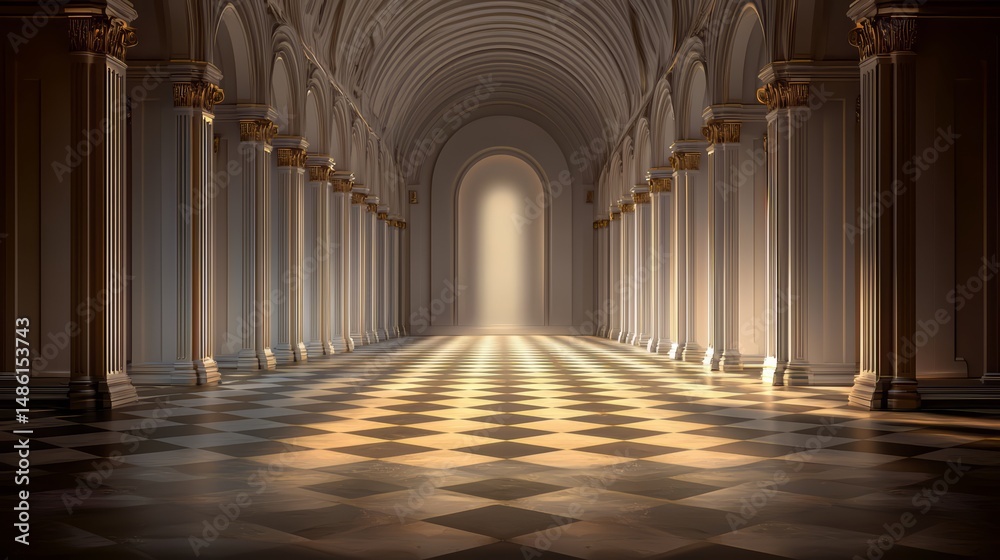 Poster long, empty hallway with a large archway in the middle. the archway is lit up, creating a warm and i