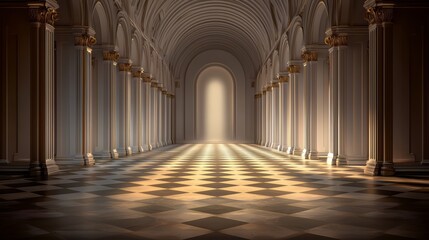 Fototapeta premium Long, empty hallway with a large archway in the middle. The archway is lit up, creating a warm and inviting atmosphere. The hallway is made of marble and has a sense of grandeur and elegance