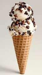 Vanilla ice cream with nuts and chocolate chips in waffle cone